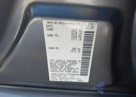 2018 Nissan Altima 2.5 Sr z USA, uszkodzony, nr VIN 1N4AL3AP4JC283968